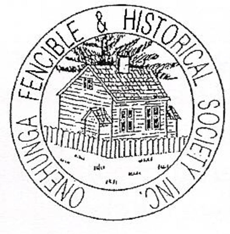 Logo with a drawing of a fencible cottage surrounded by a picket fence with a tree behind it. The text Onehunga Fencible & Historical Society Inc. is in a circle around the outside